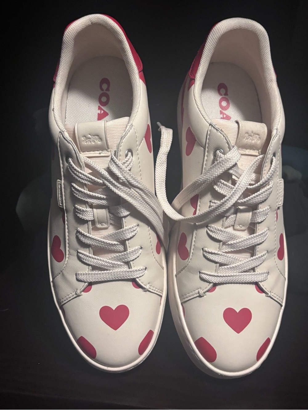 Coach White Leather Sneakers with Pink Heart Print